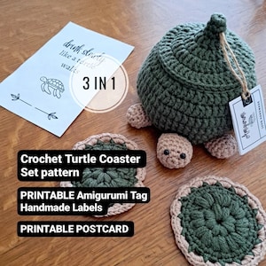 Padrão de conjunto de montanha-russa de tartaruga de crochê, etiquetas de amigurumi IMPRIMÍVEIS, etiquetas de tartaruga feitas à mão, cartão postal de tartaruga IMPRIMÍVEL, padrão de conjunto de montanha-russa