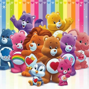May include: A group of colorful Care Bears plush toys, including a blue bear with a cloud, a pink bear with a rainbow, a brown bear with a heart, a purple bear with a heart, a brown bear with a heart, a pink bear with a heart, a brown lion with a heart, a purple bear with a heart, a pink elephant with a heart, and a blue penguin with a heart.