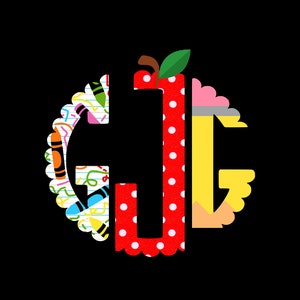 May include: A red, white, and yellow monogram with the letters "GJG" in a circle. The letters are decorated with a red apple, a yellow pencil, and a colorful school supply pattern.