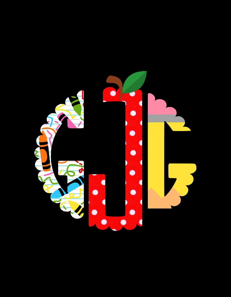 May include: A red, white, and yellow monogram with the letters "GJG" in a circle. The letters are decorated with a red apple, a yellow pencil, and a colorful school supply pattern.