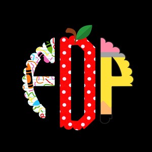May include: A red apple with white polka dots, a pencil with a pink eraser, and a letter "E" with a colorful school supply pattern. The letters are arranged in a circle to spell "EOP".