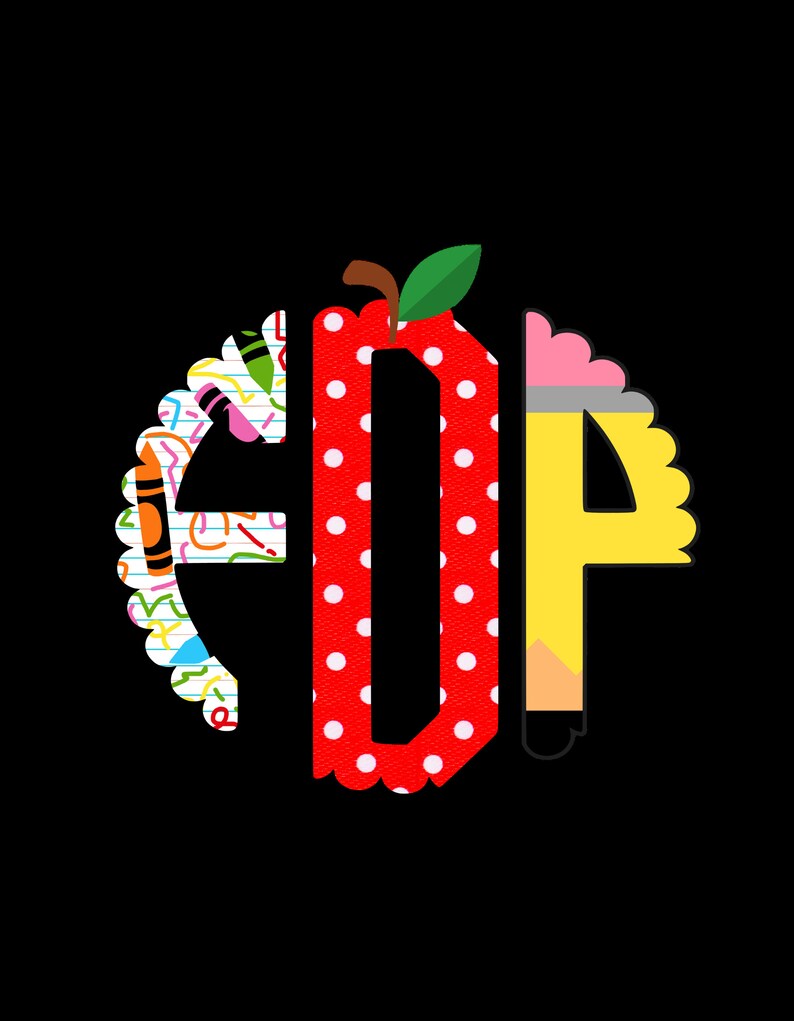 May include: A red apple with white polka dots, a pencil with a pink eraser, and a letter "E" with a colorful school supply pattern. The letters are arranged in a circle to spell "EOP".