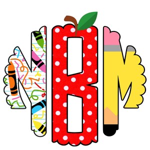 May include: Red apple with white polka dots, a letter "B" cut out of the apple, a letter "N" with a crayon pattern, and a letter "M" shaped like a yellow pencil.