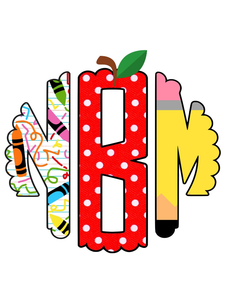 May include: Red apple with white polka dots, a letter "B" cut out of the apple, a letter "N" with a crayon pattern, and a letter "M" shaped like a yellow pencil.