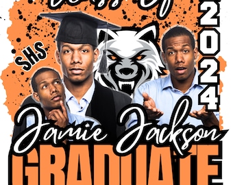 Puede incluir: Un anuncio de graduación con tres jóvenes que llevan gorros y batas de graduación. El anuncio está decorado con una mascota de lobo, el texto "Class of 2024" y las palabras "SHS" y "Graduate".