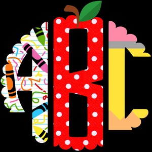 May include: Red apple with white polka dots, a letter A with a crayon pattern, and a letter C with a pencil pattern. The letters are in a circle with a scalloped edge.