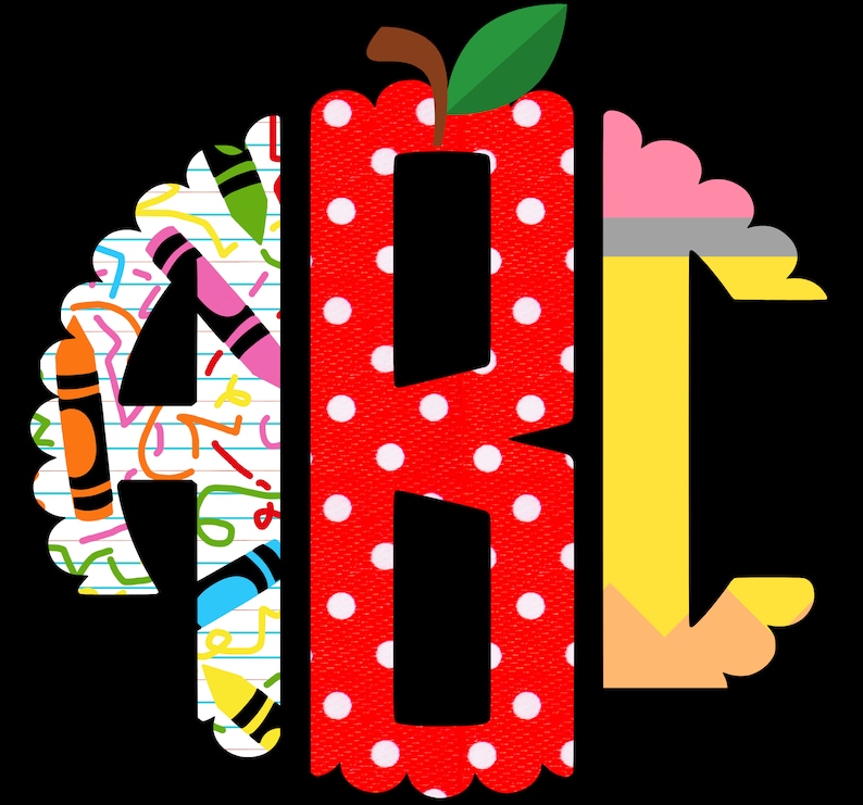 May include: Red apple with white polka dots, a letter A with a crayon pattern, and a letter C with a pencil pattern. The letters are in a circle with a scalloped edge.