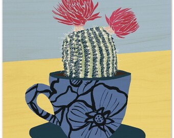 Cactus in Teacup - Wood Print