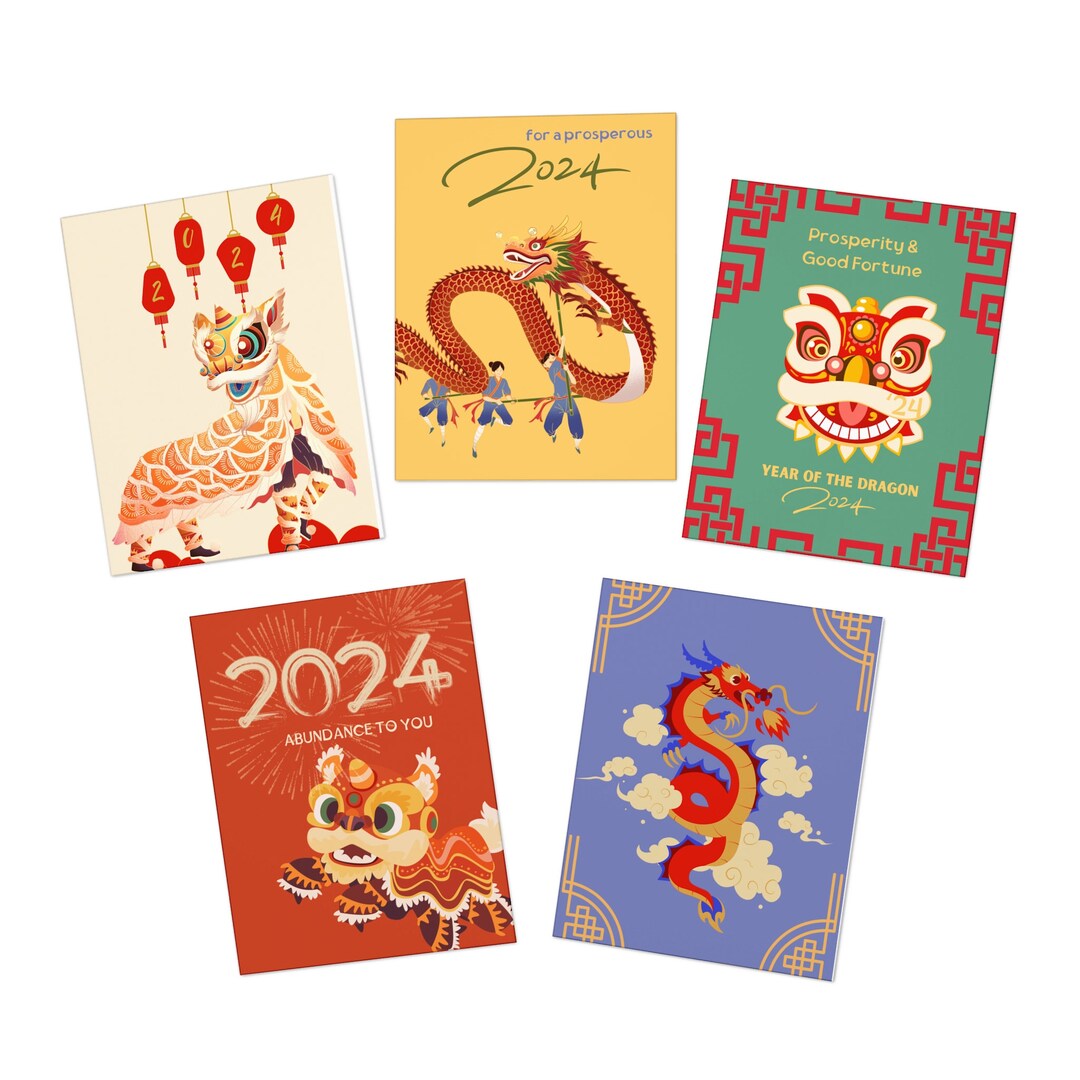 Lunar New Year Greeting Card Bundle of 5 Zodiac Cards Printable Year of