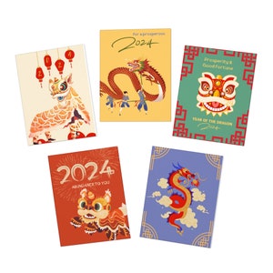 Lunar New Year Greeting Card Bundle of 5 | Zodiac Cards | Printable Year of the Dragon Cards | Downloadable Holiday Cards | Chinese New Year