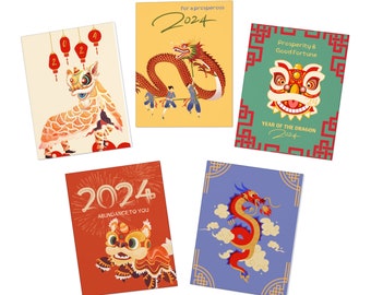 Paquet de cartes de vœux du Nouvel An lunaire de 5 | Cartes du zodiaque | Cartes imprimables de l’année du dragon | Cartes de vœux téléchargeables | nouvel An chinois