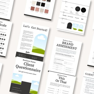 May include: A set of printable worksheets for a business client questionnaire. The worksheets include sections for rating scales, multiple choice questions, brand assessment, and a client agreement.