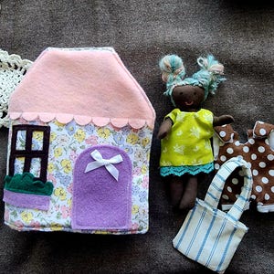Handmade Textile Travel Dollhouse with 5.5” Yarn Hair Mini Doll & Extra Outfit Set – Portable Playset, Fabric, Travel, Waldorf, Montessori