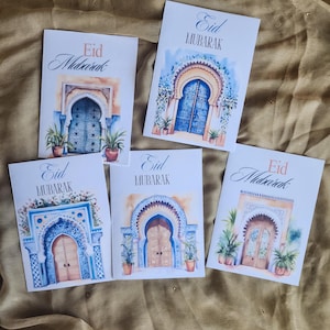 Conjunto de cartões de felicitações Eid feitos à mão – Pacote com 5, cartões de festivais islâmicos, Eid Mubarak, cartões de celebração muçulmana, papel cartão premium, em branco, presente