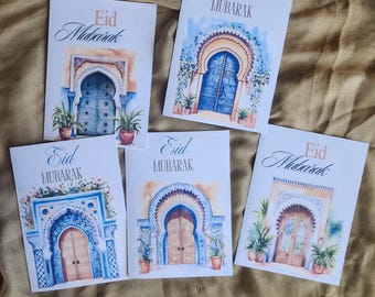 Handmade Eid Greeting Card Set – Pack of 5, Islamic Festival Cards, Eid Mubarak, Muslim Celebration Cards, Premium Cardstock, Blank, gift