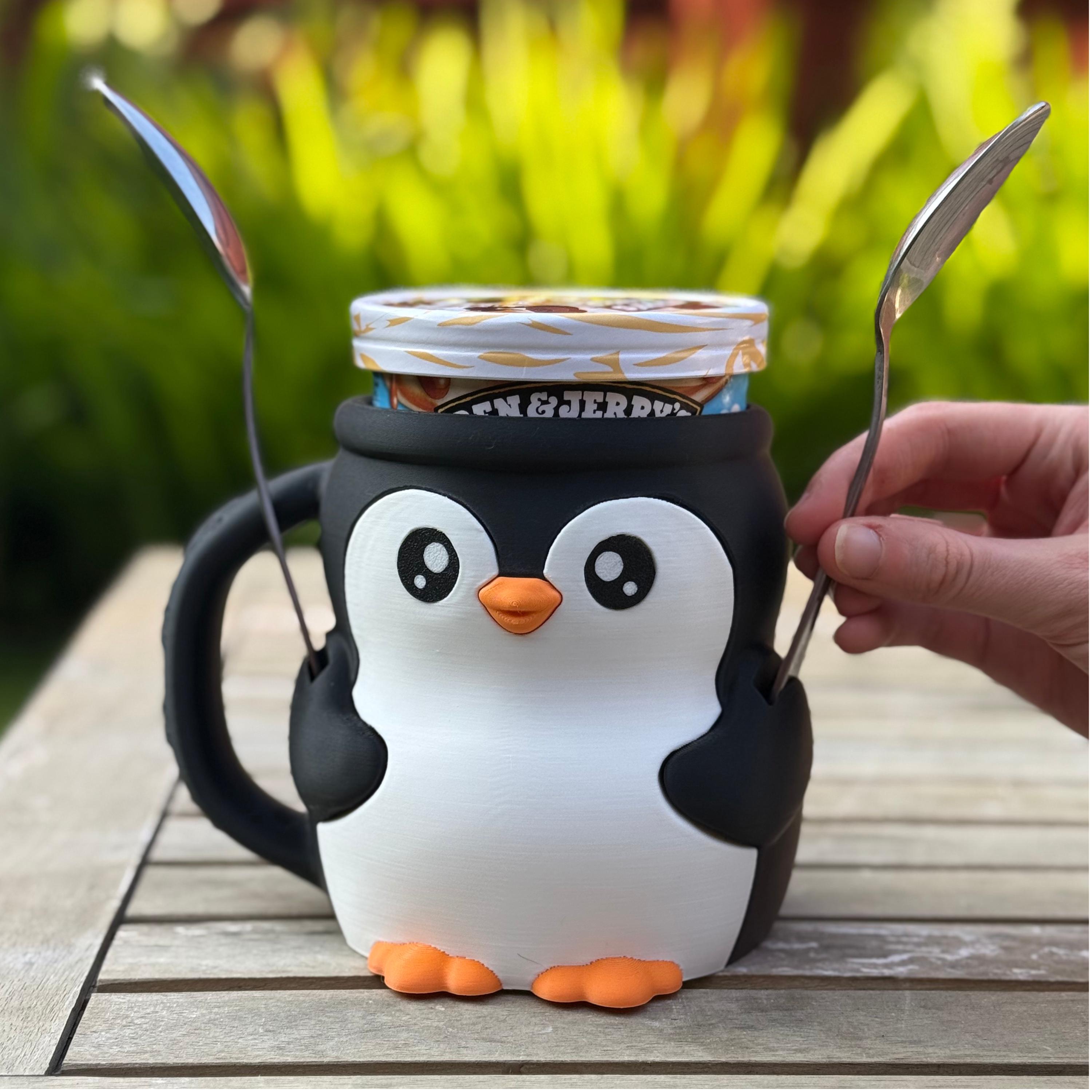 Penguin Ice Cream Pint Holder – 3D Printed Cute Gift – Fits Ben and Jerrys, Haagen-Dazs – Spoon Slot – Funny Kitchen Decor - Cinema and Sofa