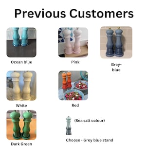 May include: A collection of salt and pepper mill sets in various colors including ocean blue, pink, grey-blue, white, red, dark green, and sea salt. The text Previous Customers is at the top, with labels for each color option displayed below.