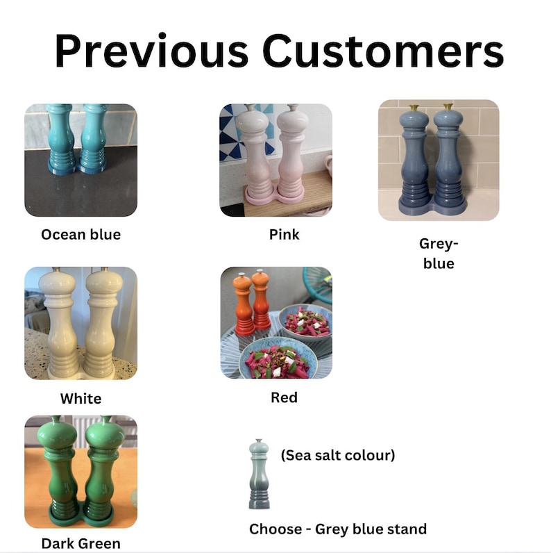 May include: A collection of salt and pepper mill sets in various colors including ocean blue, pink, grey-blue, white, red, dark green, and sea salt. The text Previous Customers is at the top, with labels for each color option displayed below.