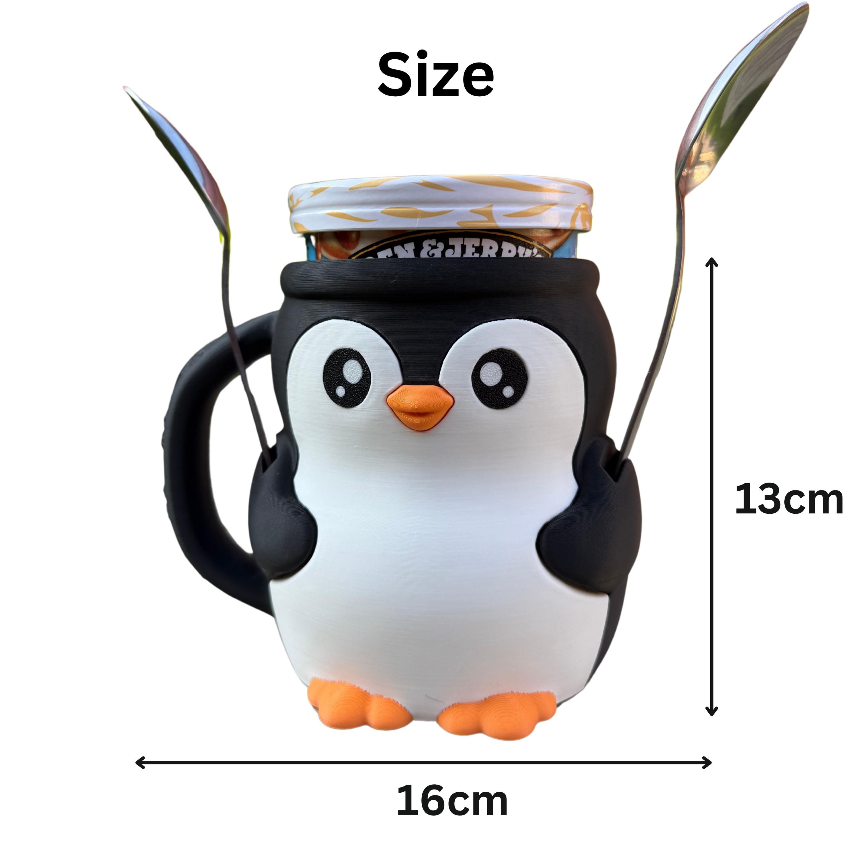 Penguin Ice Cream Pint Holder – 3D Printed Cute Gift – Fits Ben and Jerrys, Haagen-Dazs – Spoon Slot – Funny Kitchen Decor - Cinema and Sofa