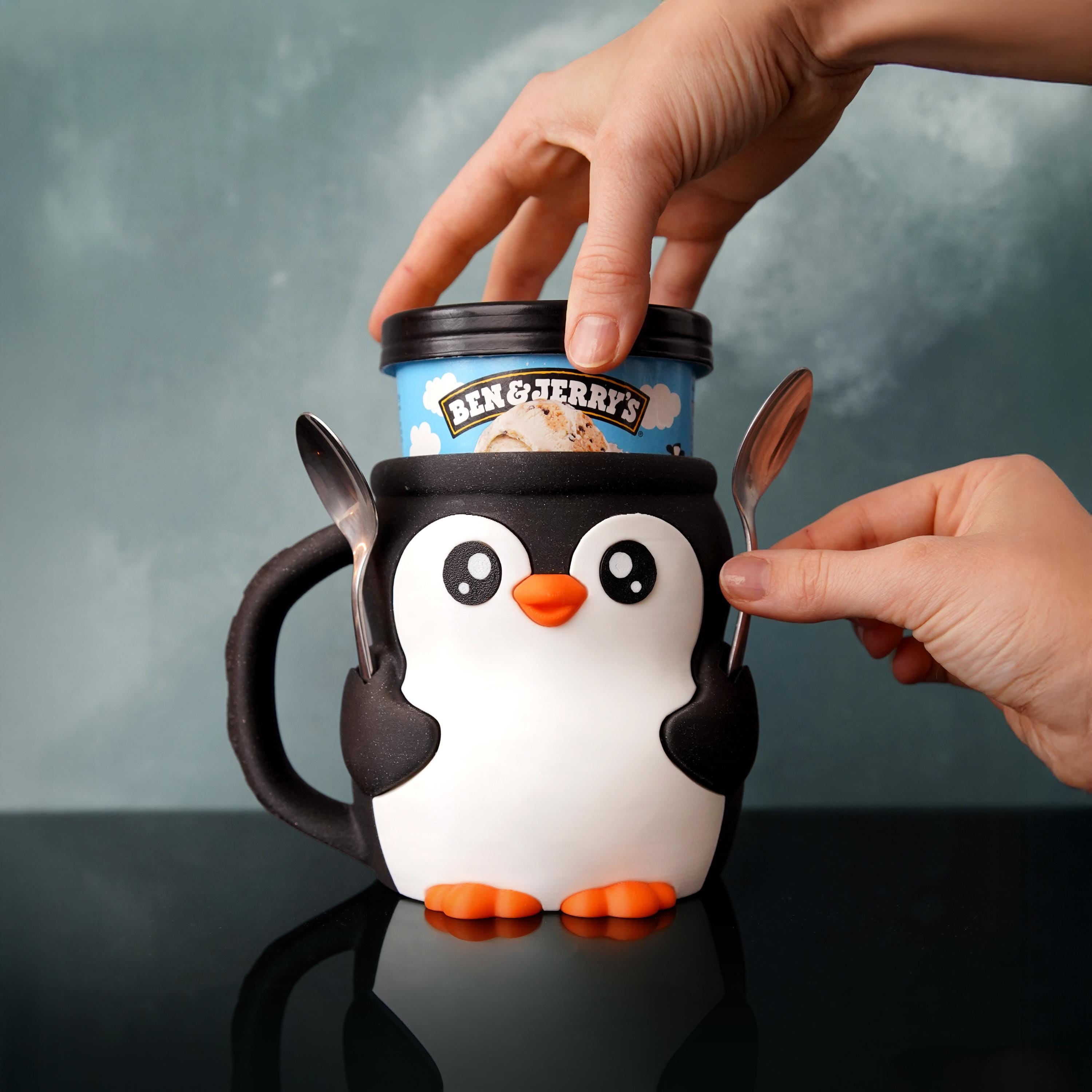 Penguin Ice Cream Pint Holder – 3D Printed Gift with Spoon Slot – Fits Ben & Jerry’s and Haagen-Dazs – Cute Kitchen & Sofa Accessory
