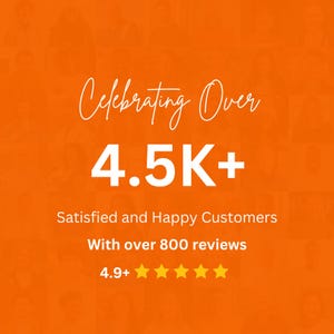 May include: A bright orange graphic featuring the white text Celebrating Over 4.5K+ Satisfied and Happy Customers, With over 800 reviews, and a 4.9+ rating followed by five yellow stars, set against a faint grid of numerous human faces.