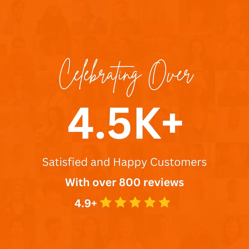 May include: A bright orange graphic featuring the white text Celebrating Over 4.5K+ Satisfied and Happy Customers, With over 800 reviews, and a 4.9+ rating followed by five yellow stars, set against a faint grid of numerous human faces.