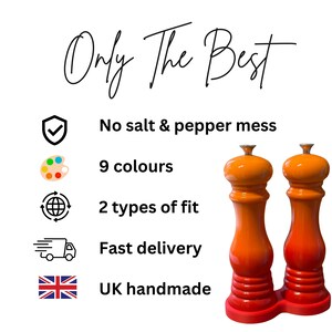 May include: Two orange salt and pepper grinders on a red base with text that reads Only The Best, No salt & pepper mess, 9 colours, 2 types of fit, Fast delivery, and UK handmade, accompanied by icons of a shield, palette, globe, truck, and flag.