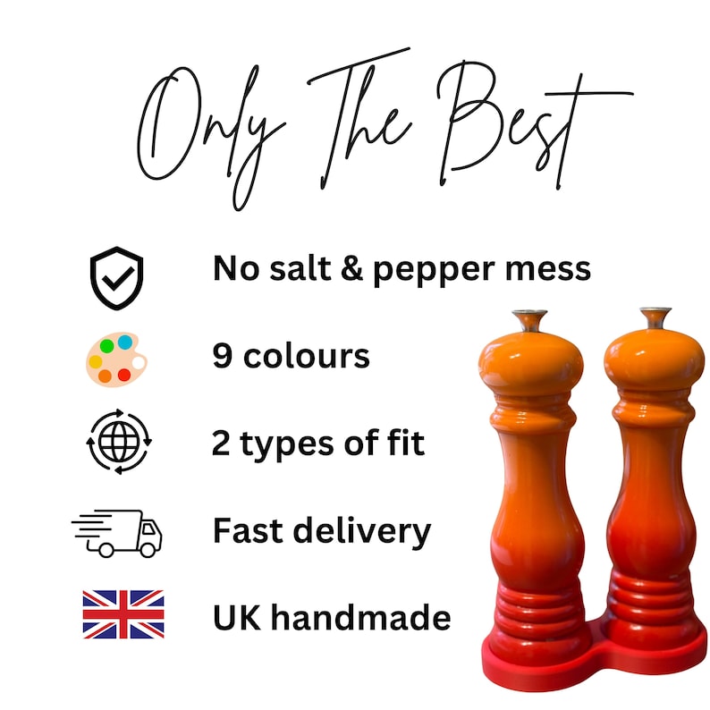 May include: Two orange salt and pepper grinders on a red base with text that reads Only The Best, No salt & pepper mess, 9 colours, 2 types of fit, Fast delivery, and UK handmade, accompanied by icons of a shield, palette, globe, truck, and flag.