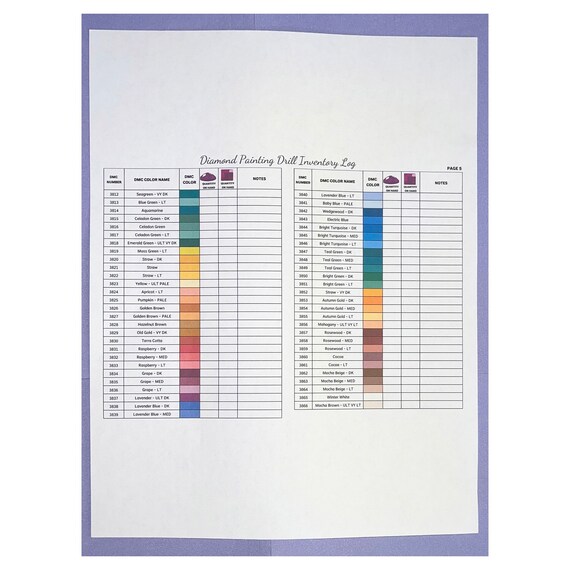 Printable Diamond Painting DMC Color Chart Tracker Inventory Sheet PDF  Download 