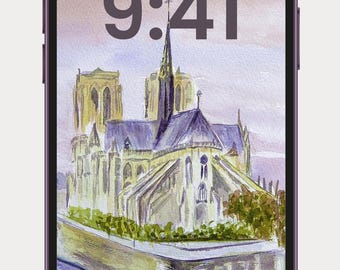 French Watercolor Phone Wallpaper — Notre Dame de Paris — 1 Digital Download — Instant Download