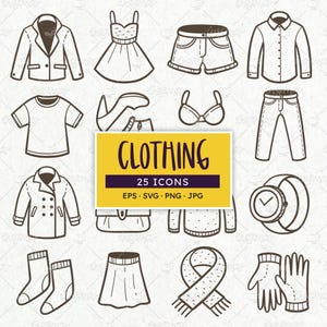 Ícones para Loja de Roupas: Moda e Acessórios Desenhados à Mão (EPS, SVG, PNG)