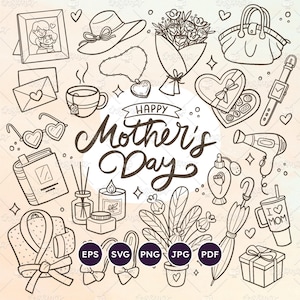 Doodle SVG del Día de la Madre, 20 ideas de regalos para mujeres, conjunto de imágenes prediseñadas del Día de la Madre, página para colorear dibujada a mano, arte lineal, PNG transparente, EPS vectorial
