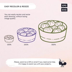 Op de afbeelding: Illustratie van drie maten van een houten kom gevuld met ronde knoedels. De kom is omlijnd in paars, groen en zwart. De tekst "100%", "200%" en "300%" staat onder elke kom. De tekst "EASY RECOLOR & RESIZE" staat bovenaan de afbeelding. De tekst "You can easily recolor and resize each drawing, without losing image quality" staat onder de titel. De tekst "EPS" en "SVG" staat in de rechterbovenhoek van de afbeelding. De tekst "Please, send me a DM or email if you need some help. I'm happy to assist you with your projects." staat onderaan de afbeelding. Een zwarte mier staat in de rechterbenedenhoek van de afbeelding.