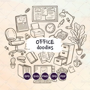Bürobedarf Hintergrund, Gekritzel-Briefpapier-Hintergrund, Linie Kunst, Büro-Material, Vektor-EPS, SVG-Dateien, bearbeitbarer Vektor, transparenter PNG