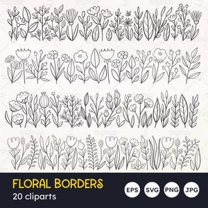 Florale Border SVG-Set, botanische dekorative Bordüre, Floral Divider, nahtlose Bordüre, Doodle Style, Line Art, EPS Vektor, transparentes PNG