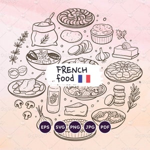 以下が含まれることがあります： バゲット、チーズ、ワイン、ペストリーなど、さまざまなフランス料理の白黒線画イラスト。画像の上部に「FRENCH food」というテキストがバナーで書かれています。