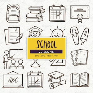 Íconos escolares: Imágenes prediseñadas de regreso a clases dibujadas a mano (EPS, SVG, PNG)