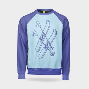 May include: A blue and light blue long-sleeved sweatshirt with a graphic of two crossed skis and ski poles on the front.
