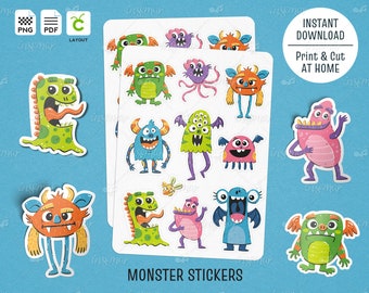 Monster Stickers, Printable Stickers, Digital Download, Monster Digital Stickers, Funny Characters, Cute Stickers for Kids