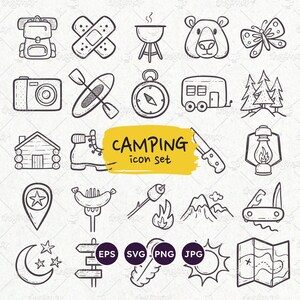 Camping Doodle Icons: Hand-Drawn Outdoor Activities Vector Graphics (EPS, PNG, SVG)