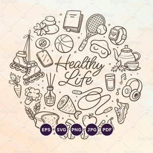 Doodle vie saine, fond de mode de vie sain, dessin au trait, loisirs, sport, nutrition, EPS, fichiers SVG, vecteurs éditables, PNG transparents