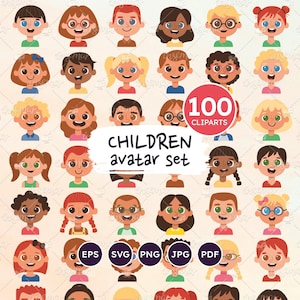Children Avatar, Kid Avatar Collection, 50 Male, 50 Female, Children Clip Arts, Vector EPS, SVG files, Transparent PNG, Digital Download