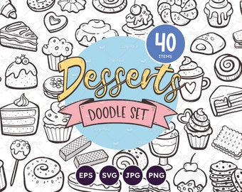Sweets and Desserts  Doodle Clipart, Pastry Cake Shop, Chocolate Cookies, Cakes, Smoothies, Vector EPS, SVG, Transparent PNG, Commercial Use