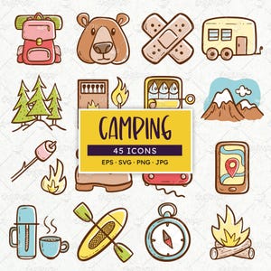 Iconos de camping: imágenes prediseñadas de aventuras al aire libre dibujadas a mano. Vector EPS, PNG, SVG.