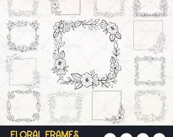 Könnte beinhalten: Satz mit 40 Schwarzweiß-Clipart-Illustrationen von Blumenrahmen. Die Rahmen sind quadratisch und zeigen verschiedene Blumendesigns.