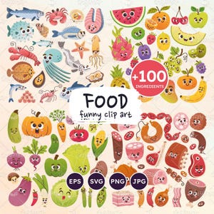 Images clipart nourriture, dessin animé produits de repas, ingrédients alimentaires SVG, fruits, légumes, fruits de mer, viande, produits laitiers, drôle, EPS, PNG transparent