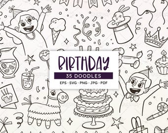 Birthday Party Doodle Illustrations | Hand-Drawn Kids Celebration Clipart (SVG, PNG, EPS)