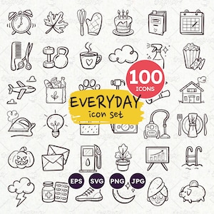 毎日のアイコンセット、日常生活のアイコン100個、デイリープランナーの落書きアイコン、ToDoクリップ アート、日々の家事、健康と日常のケアのアイコン、SVG、PNG