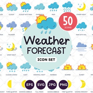 Weather Icons, Forecast Icons, Weather Symbols, Weather Cliparts, Moon phases, Cloudy, Sunny, Rain, Wind, Storm, Vector EPS, PNG, SVG