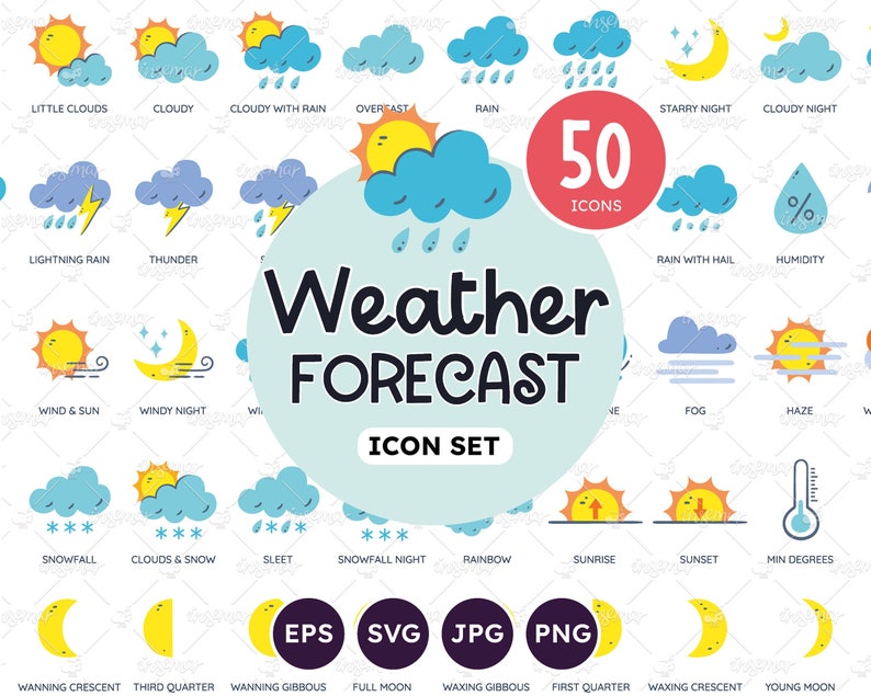 Weather Icons, Forecast Icons, Weather Symbols, Weather Cliparts, Moon phases, Cloudy, Sunny, Rain, Wind, Storm, Vector EPS, PNG, SVG
